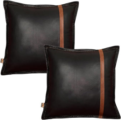 Genuine Lambskin Leather Pillow Cover, 18x18 Inch Case for Lumbar Throw Couch Pillows, Thick & Soft Cushion Covers for Sofa Bed Home Décor (Black & Tan Box Pack of 2)
