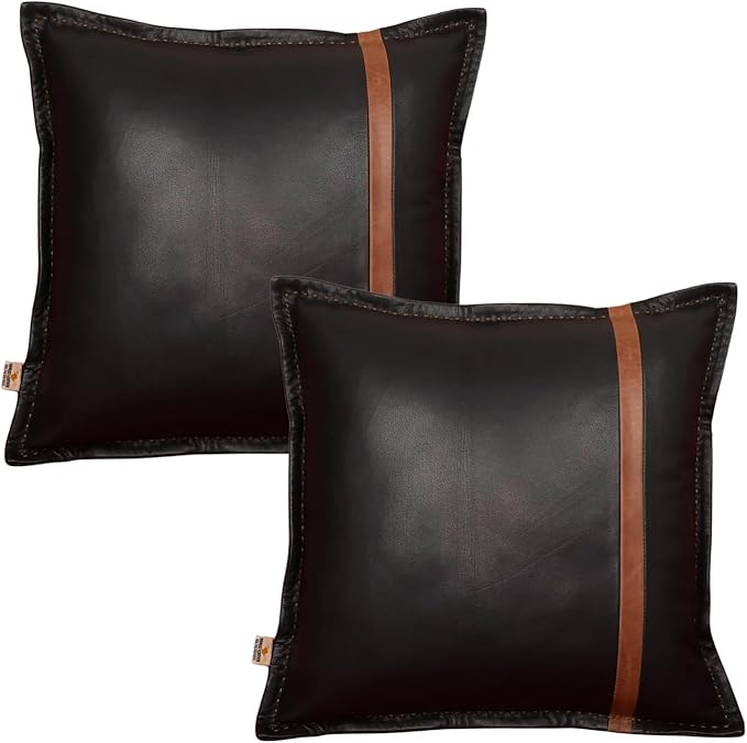 Genuine Lambskin Leather Pillow Cover, 22x22 Inch Case for Lumbar Throw Couch Pillows, Thick & Soft Cushion Covers for Sofa Bed Home Décor (Black & Tan Box Pack of 2)