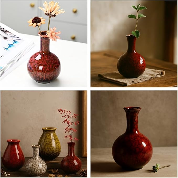 Okllen Set of 4 Ceramic Flower Vases Farmhouse Decor, Boho Decor, Red and Yellow Reactive Glazed Color Small Flower Vases, Centerpiece Table Decorations, Decorative Ceramic Vase for Home, Living Room