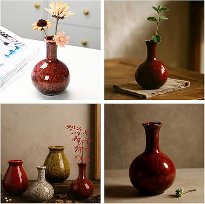Okllen Set of 4 Ceramic Flower Vases Farmhouse Decor, Boho Decor, Red and Yellow Reactive Glazed Color Small Flower Vases, Centerpiece Table Decorations, Decorative Ceramic Vase for Home, Living Room