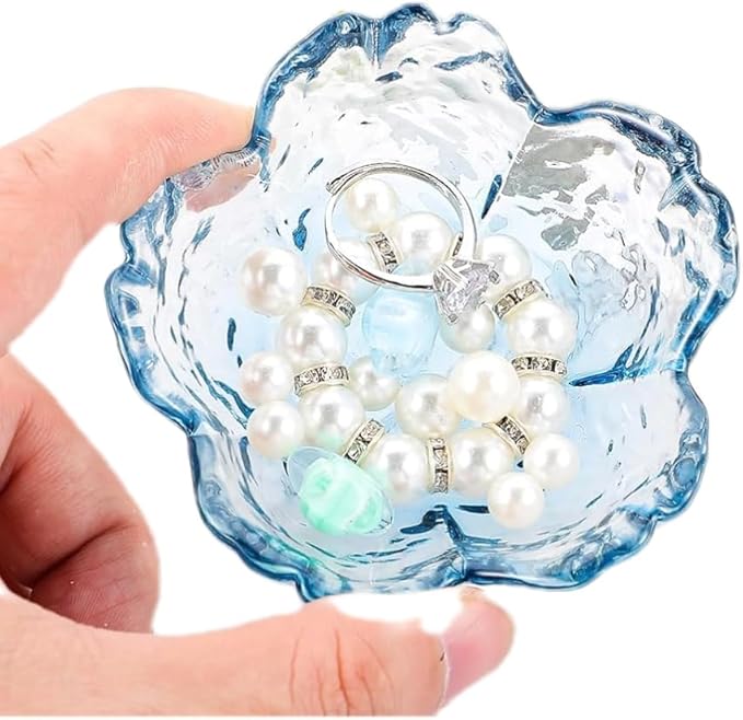 Small Blue Key Bowl Flower Glass Jewelry Dish Aesthetic Trinket Tray Engagement Wedding Ring Holder Plate Room Decor Dish Organizing Necklace Earrings