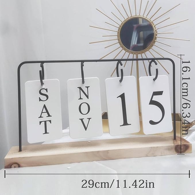 Wooden Perpetual Calendar for Desk, Metal Wood Month Date Display for Teachers, Students, Classroom, Rustic Farmhouse Office Decor, Desk Accessories (black)