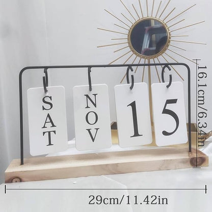 Wooden Perpetual Calendar for Desk, Metal Wood Month Date Display for Teachers, Students, Classroom, Rustic Farmhouse Office Decor, Desk Accessories (black)
