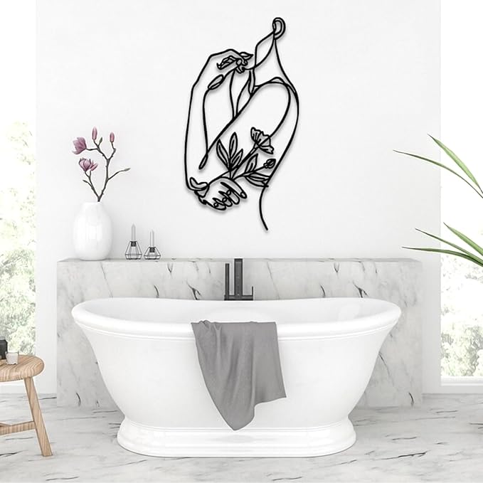 Metal Line Wall Art, Flower Woman Metal Wall Art, Metal Line Art Wall Decor, Woman Shape Wall Art, Female Body Wall Art, Abstract Line Wall Art, Living Room Bedroom Bathroom Wall Hanging (25"x 47"| 65x120cm, White)