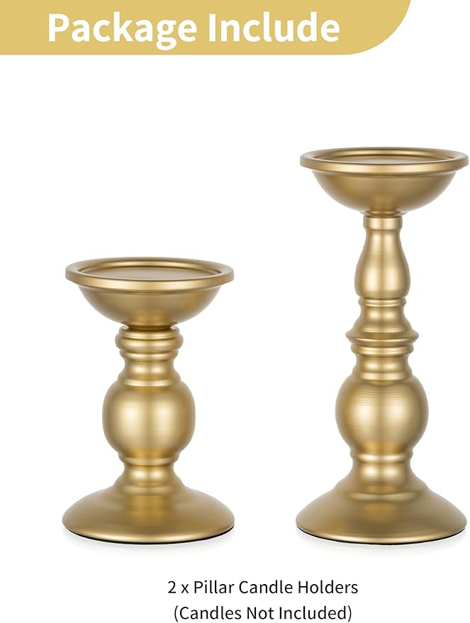 2 Pcs Gold Pillar Candle Holders, Gold Candlestick Most Ideal for 3" Pillar Candles, Gifts for Wedding, Party, Home, Spa, Reiki, Votive Candle (S + L)