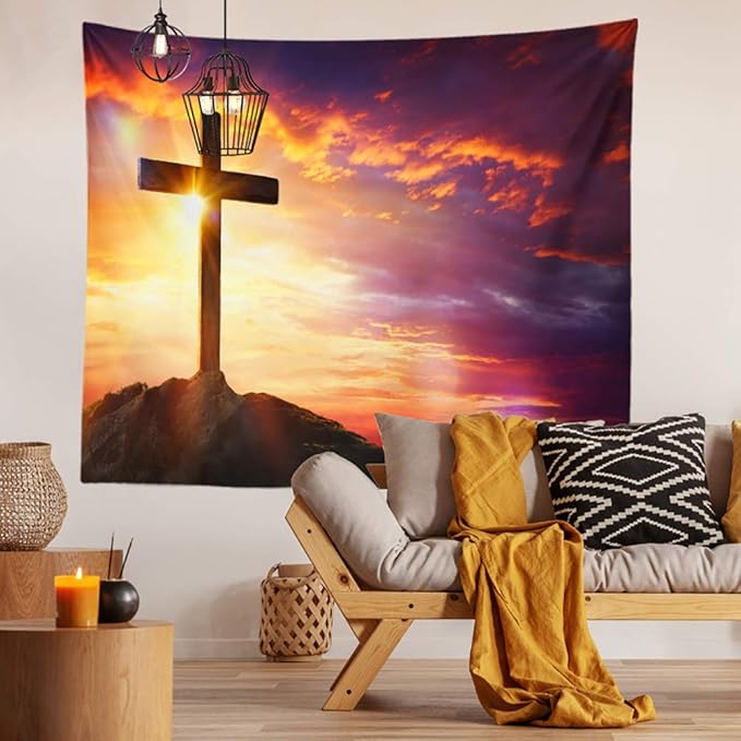 BERRY Jesus Christ Cross Sunrise Tapestry Sunset Sepulcher Lord Pray Easter Crucifixion Religious Belief Wall Hangings Decor Large Tapestry for Bedroom Living Room Dorm College Church Man Cave(80x60