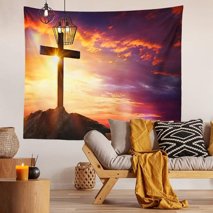 BERRY Jesus Christ Cross Sunrise Tapestry Sunset Sepulcher Lord Pray Easter Crucifixion Religious Belief Wall Hangings Decor Large Tapestry for Bedroom Living Room Dorm College Church Man Cave(80x60