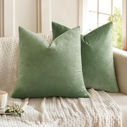 MIULEE Velvet Throw Pillow Covers 20x20 Inch, Pack of 2 - Sage Green, Soft Solid Decorative Pillow Covers Square Cushion Cases Farmhouse Modern Home Decor for Spring Couch Sofa Bedroom Living Room
