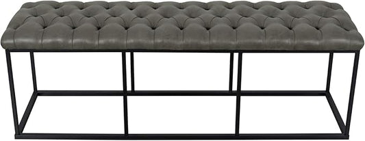 HomePop Upholstered Button Tufted Decorative Bench with Metal Base, Gray Faux Leather