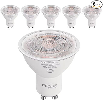 6-Pack GU10 LED Bulbs 6W (50W Equivalent), Dimmable 4000K Cool White, 580LM, Perfect for Track & Recessed Lighting, Kitchen, Display Case