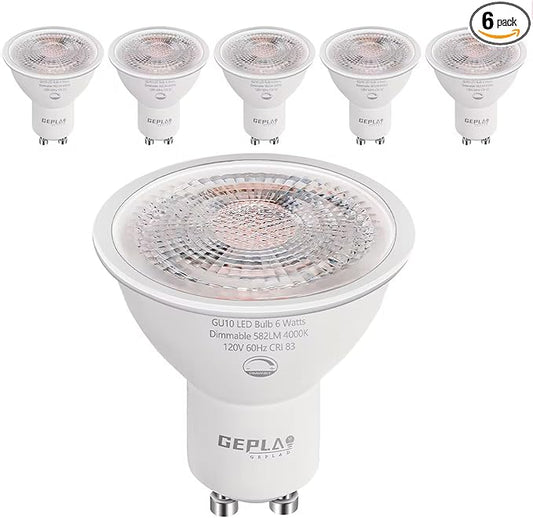 6-Pack GU10 LED Bulbs 6W (50W Equivalent), Dimmable 4000K Cool White, 580LM, Perfect for Track & Recessed Lighting, Kitchen, Display Case