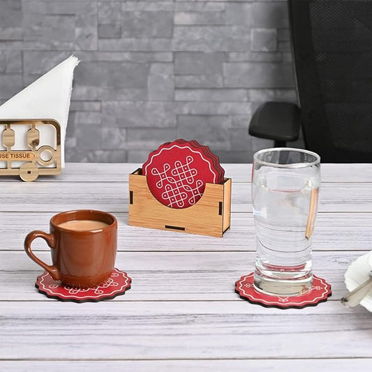 GKD Coaster Set of 6 Fine Art Wooden Coasters with Proper Coaster Stand Coaster Set Fit for Tea Cups, Coffee Mugs and Glasses (3.5 X 3.5 Inch, Fine Design) Red