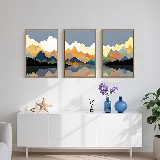 Large Abstract Mountain Lake Framed Canvas Wall Art,Watercolor Boho Forest Wall Decor,Colorful Ridge Landscape Artwork,Modern Wilderness Art Print for Living Room,Bedroom,Office- 24"x36"x3