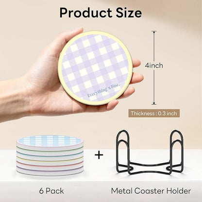 6-Piece Ceramic Coaster Set with Tray Diameter: 3.94 in Thickened Absorbent Material Heat-Resistant and Water-Absorbent Coaster Set Suitable for All Types of Cups， Checkered