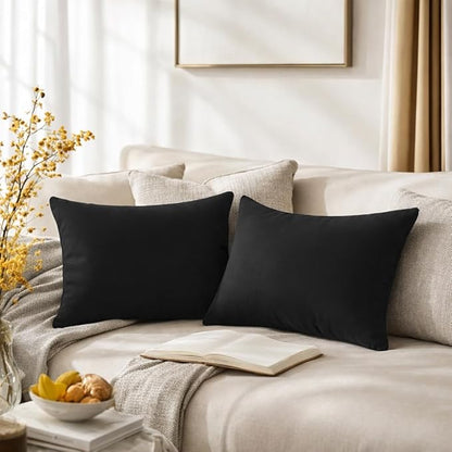 QUORGVES Black Velvet Pillow Covers 12x20 Inch Set of 2, Soft Solid Decorative Lumbar Throw Pillow Covers, Decor Cushion Covers for Bed Sofa Couch Bedroom Living Room