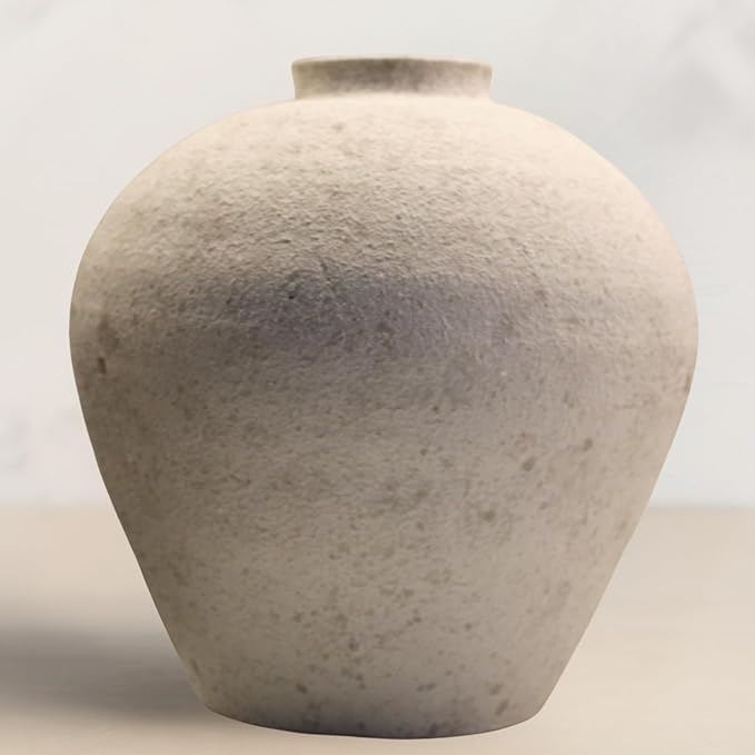 Handemade Large Round Vase for Centerpieces, White Rustic Vase Farmhouse Decor, Distressed Textured for Home Decorations, Earthy Room Decor Aesthetic, Stone Look Ceramic Clay Pottery, 10 inch