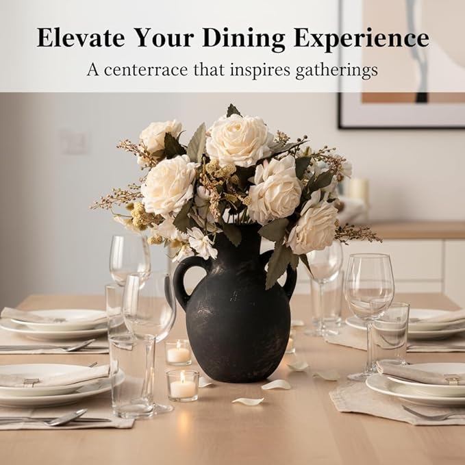 Retro-Style vase, Artificial Faux Flower Bouquet for Home Decor Indoor Fake Bouquet Faux Floral Arrangements Dining Table Centerpieces for Kitchen((Black)