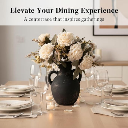 Retro-Style vase, Artificial Faux Flower Bouquet for Home Decor Indoor Fake Bouquet Faux Floral Arrangements Dining Table Centerpieces for Kitchen((Black)