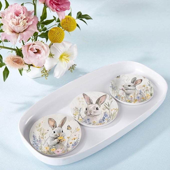 6Pcs Drink Coasters with Holder, Easter Lovely Rabbits Flowers Absorbent Ceramic Drink Coaster with Cork Base, Home Bar Table & Office Decor House Warming Gift