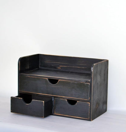 Vintage Rustic Wooden 3 Drawer with Shelf Office Desk Organizer & Mail Rack For Desktop,Box for Office Home Toiletries Supplies Vanity, No Assembly Required (Rustic Black)