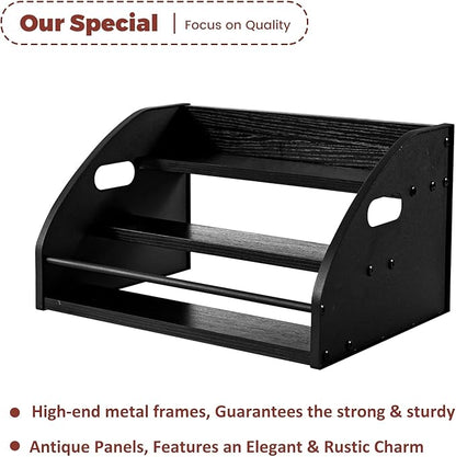 Premium Metal Design - Strong Liquor Bottle Display Shelf, 3 Steps Extra Large Rustic Mini Bar, Countertop Coffee Syrup Organizer with Handles, Ideal Gift for Dad & Liquor Enthusiasts