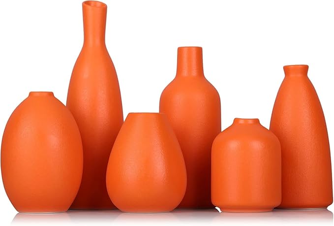 Orange Ceramic Bud Vases Set of 6, Modern Boho Home Décor for Living Room, Shelf, Mantle & Fireplace, 3.7″–7.6″ Matte Minimalist Vases for Kitchen, Bathroom, Office, Small Flower Vases, Gift Ready