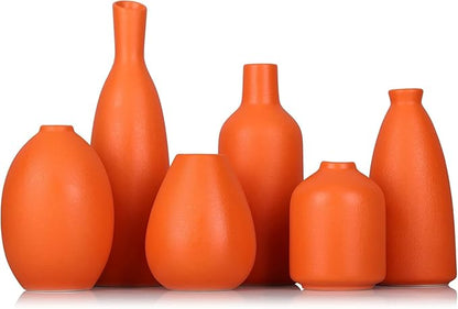 Orange Ceramic Bud Vases Set of 6, Modern Boho Home Décor for Living Room, Shelf, Mantle & Fireplace, 3.7″–7.6″ Matte Minimalist Vases for Kitchen, Bathroom, Office, Small Flower Vases, Gift Ready