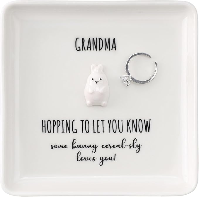 HOME SMILE for Grandma Grandmother,Bunny Ring Dish Jewelry Tray-Mothers Day Thanksgiving Day Birthday Gifts for Mimi Nana Gigi