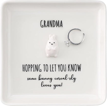 HOME SMILE for Grandma Grandmother,Bunny Ring Dish Jewelry Tray-Mothers Day Thanksgiving Day Birthday Gifts for Mimi Nana Gigi