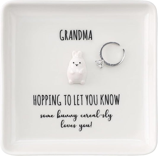 HOME SMILE for Grandma Grandmother,Bunny Ring Dish Jewelry Tray-Mothers Day Thanksgiving Day Birthday Gifts for Mimi Nana Gigi