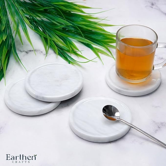Marble Coasters Set of 4 for Drinks Countertop 4 Inches Round White Stone Drink Coaster for Kitchen Counter, Ideal for Home Decor House Warming