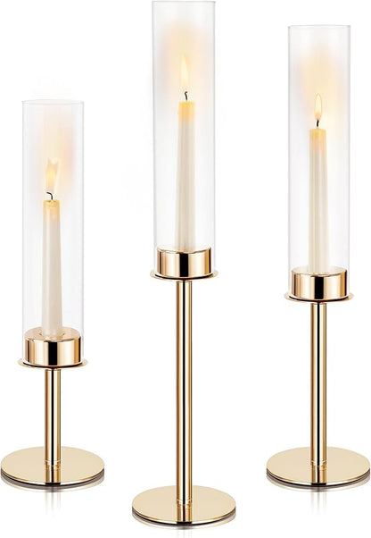 Hurricane Candle Holders Set of 3 Metal Candlestick Holder for Glass Taper Tall Candle Holders with Crystal Chimney Tube Candles Stands for Home Decor, Christmas, Dinning (3, Gold)