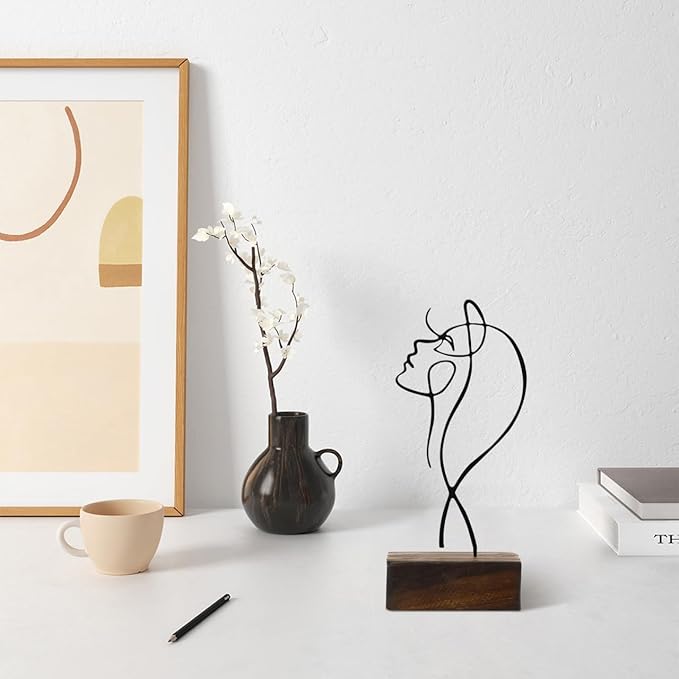 Amosfun Black Wrought Iron Female Line Sculpture with Wooden Base 8.66X4.25X2 Inch Minimalist Modern Character Art Ornament for Home and Office Desk D Cor