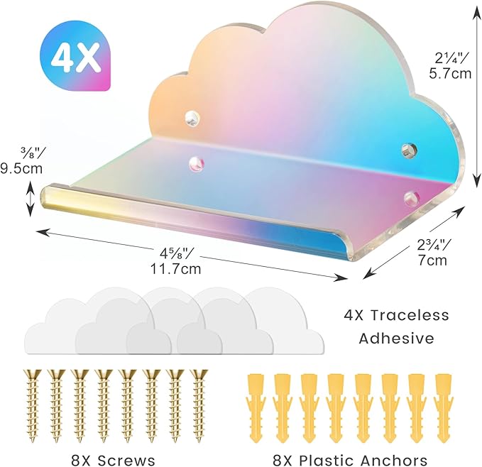 NiHome Iridescent Acrylic Floating Shelves, 4 Pack Cloud Shelves,Small Floating Shelf for Wall, Wall Mountable and Multi-Functional for Home Décor, Bathroom, Kitchen, Bedroom (Small, 4 Pack)