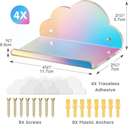 NiHome Iridescent Acrylic Floating Shelves, 4 Pack Cloud Shelves,Small Floating Shelf for Wall, Wall Mountable and Multi-Functional for Home Décor, Bathroom, Kitchen, Bedroom (Small, 4 Pack)