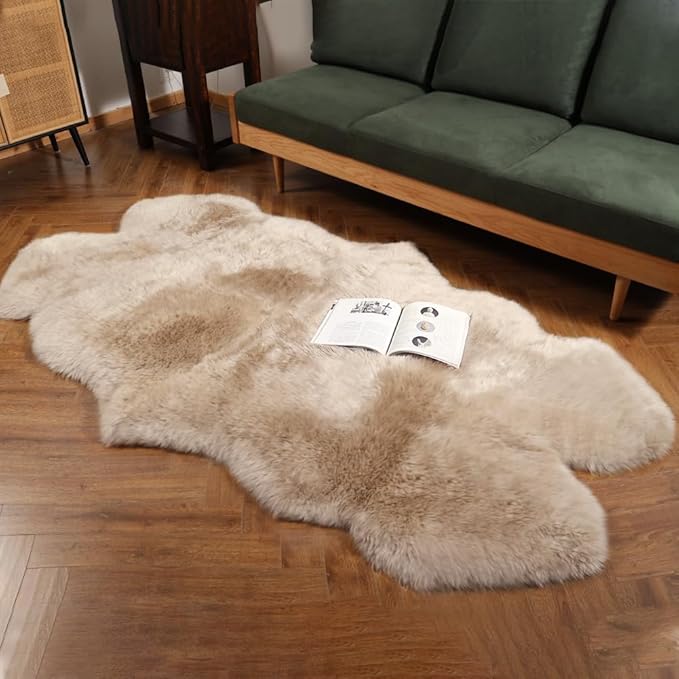 Premium Genuine Fur Sheepskin Rug Real Australia Sheepskin Natural Luxury Fluffy Lambskin Fur Area Rug Seat Covers for Kids Bedroom Sofa Chair Cover (Creamy Gray, 4ft x 6ft)