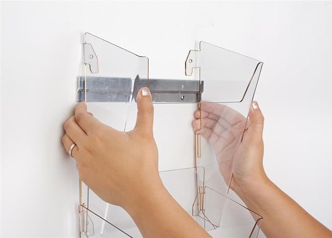 Wall Magazine Rack with 8 Tiered Pockets, 2 Columns of 4 Pockets, Full View - Clear Acrylic