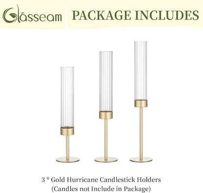 Gold Hurricane Taper Candle Holders: Glasseam 3Pcs Brass Candlestick Holders with Ribbed Glass Cylinder Cover Fluted Tall Candle Sticks Holder Decor for Table Centerpiece Wedding Christmas Decorations