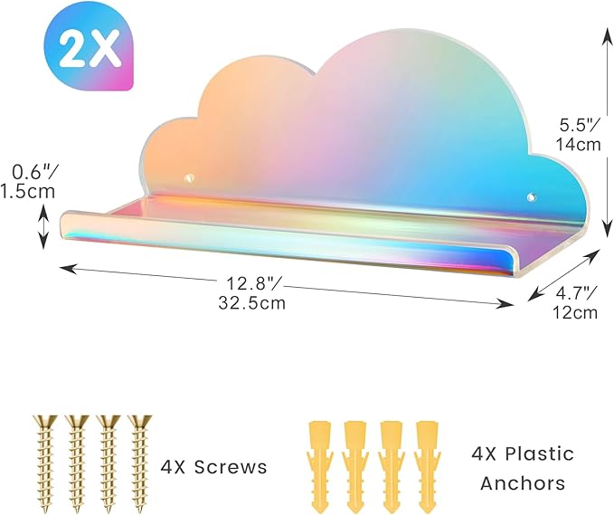 NiHome Extra Large Iridescent Acrylic Floating Shelves, 2 Pack Cloud Shelves - Floating Shelf for Wall, Wall Mountable and Multi-Functional for Home Décor, Bathroom, Kitchen, Bedroom