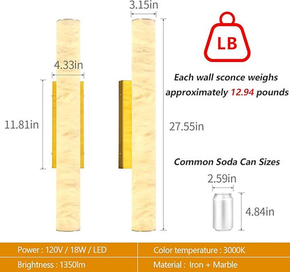 LMQNINE Natural Alabaster Wall Sconces Set of Two Spanish Marble Wall Light Cylinder Modern Gold LED Sconce for Living Room Bedroom Bathroo Stairs（M-2Pack）