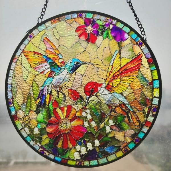 Stained Glass Window Hanging, Hummingbird Gifts Sun Catcher, Sun Catchers Indoor Window, Colorful Glass Panel,Suncatcher Room Decor,Gifts for Grandma Mom Wife,Aunt Birthday Gifts for Women 7.8in