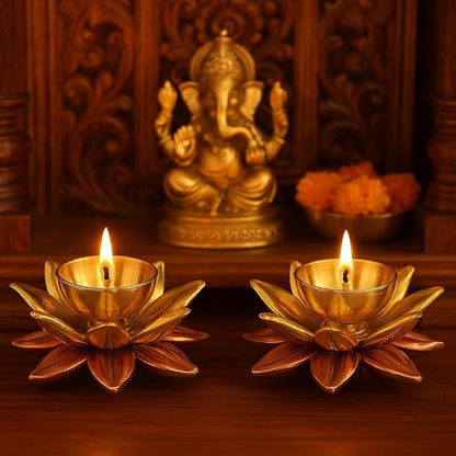 athizay Brass Diyas Pack of 2 for Pooja Virgin Brass Indian Diya Set Oil lamp Sets for Gifting Home Decor Lotus Vilakku (Kamaldeep Set)