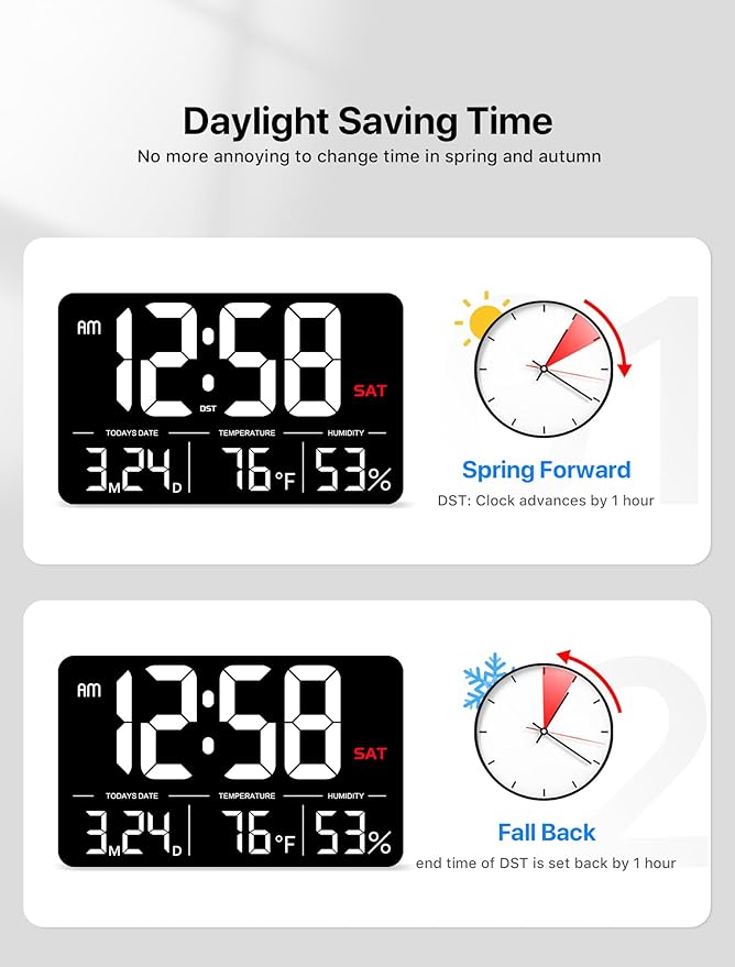 MASHI Digital Clock,13" Large Display Digital Wall Clock, Adjustable Brightness Calendar Clock with Day and Date,DST,Alarms,Humidity, Temperature for Desk, Wall Mounted, for Elderly
