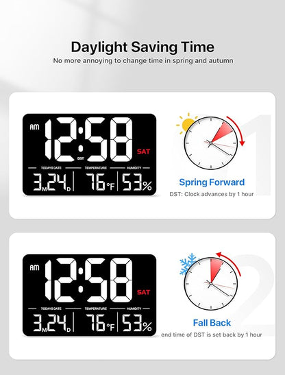 MASHI Digital Clock,13" Large Display Digital Wall Clock, Adjustable Brightness Calendar Clock with Day and Date,DST,Alarms,Humidity, Temperature for Desk, Wall Mounted, for Elderly