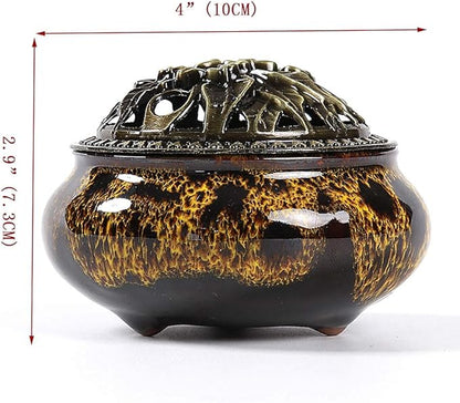 Incense Burner with Calabash Incense Stick Holder - Porcelain Charcoal Censer for Use with Resin Granular Powder Cone or Coil Incense (Fambe Yellow)