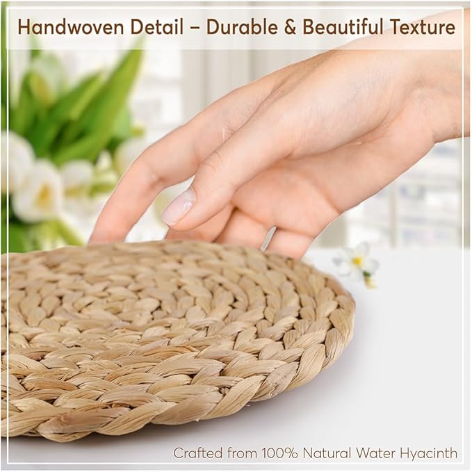 Natural Round Placemats Set of 8, Woven Placemats 13.7", Herringbone Pattern, Table Mats Braided Heat Proof, Farmhouse Boho Table Place Mat Ourdoor Wicker Chargers for Dinner Plates