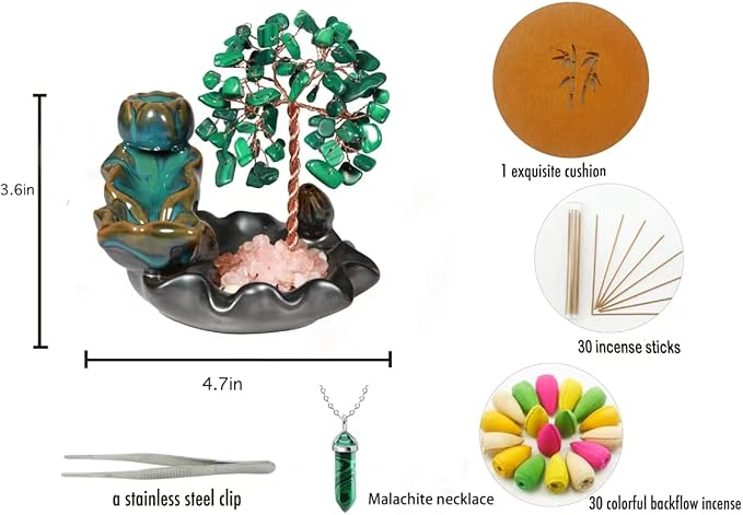 Malachite Waterfall Incense Burner, Money Tree Backflow Incense Holder Healing Crystal Stone, with 30 Backflow Incense Cones + 30 Incense Stick for Yoga Meditation Home Zen Decoration
