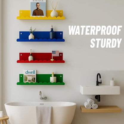 Scalloped Shelves - Set of 4 Acrylic Floating Book Shelves 17inch, Colorful Wall Book Shelf for Room, Scalloped Wall Shelves for Bedroom and Playroom Storage