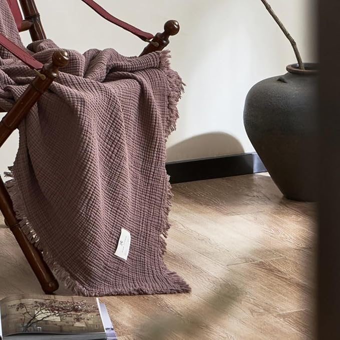 100% Cotton 4-Layer Muslin Blanket with Fringes, 50"x60", Dusty Mauve Throw Blanket, Ultra-Soft Gauze Blanket, Boho Bedding for All Seasons, Breathable for Couch, Bed(Dusty Mauve,Throw)