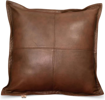Lambskin Leather Pillow Cover - Sofa Cushion Case - Decorative Throw Covers for Living Room & Bedroom, 22x22 Inches - Dark Brown Antique Box Pack of 1
